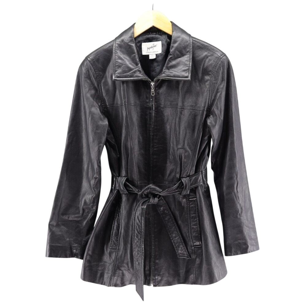 90s Vintage Mid-Length Black Lambskin Leather Jacket S Zipper Closure Tie Belt